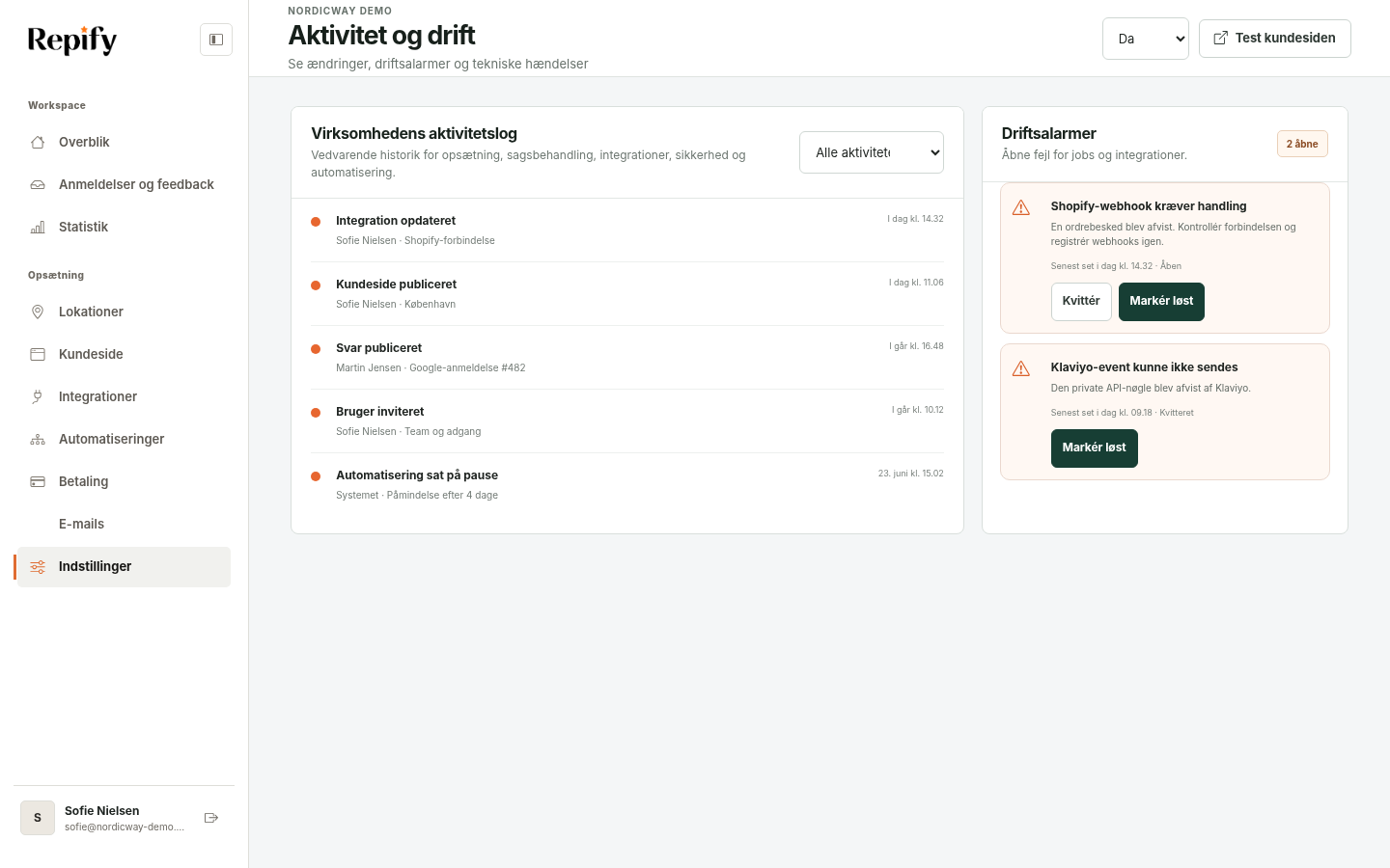 Repifys aktivitetslog, hvor tidspunkt og fejlstatus kan findes før en supportsag sendes