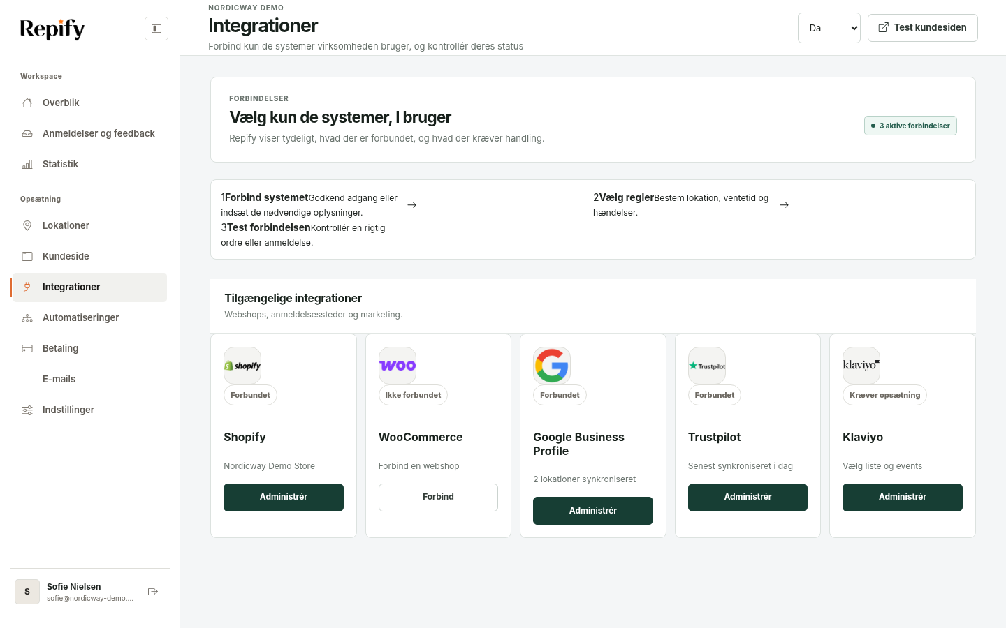 Repifys integrationsside med Shopify, WooCommerce, Klaviyo og anmeldelsesplatforme