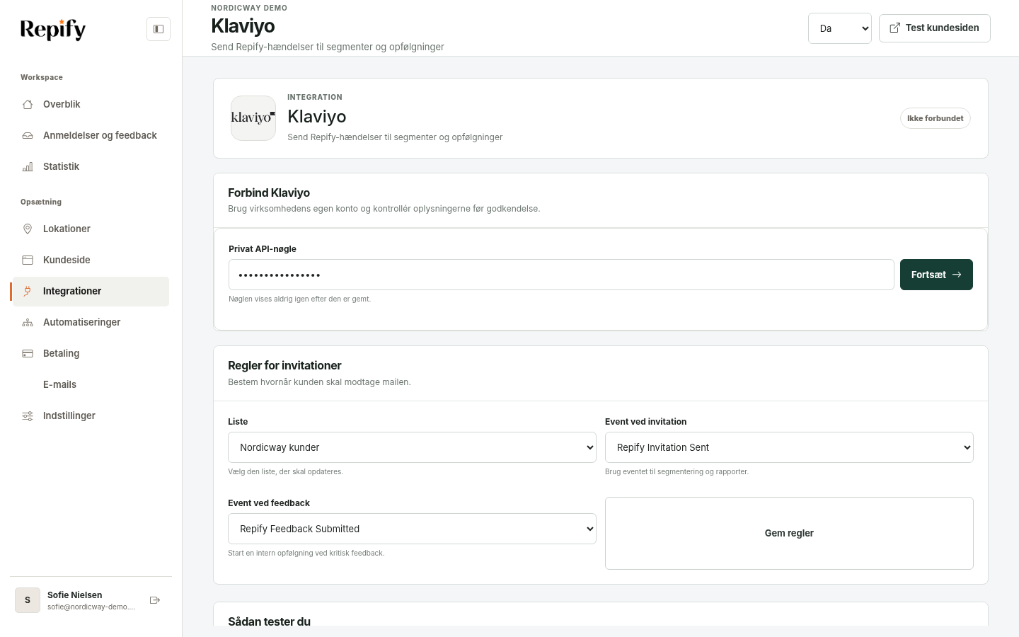 Klaviyo-opsætningen i Repify med API-nøgle, hændelser og testmodtager