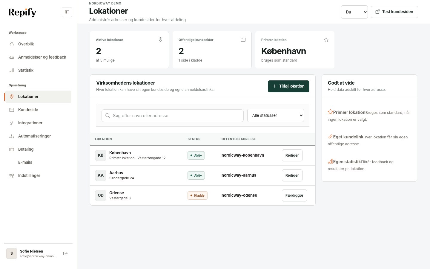 Lokationssiden med nøgletal, lokationsliste og redigeringsområde