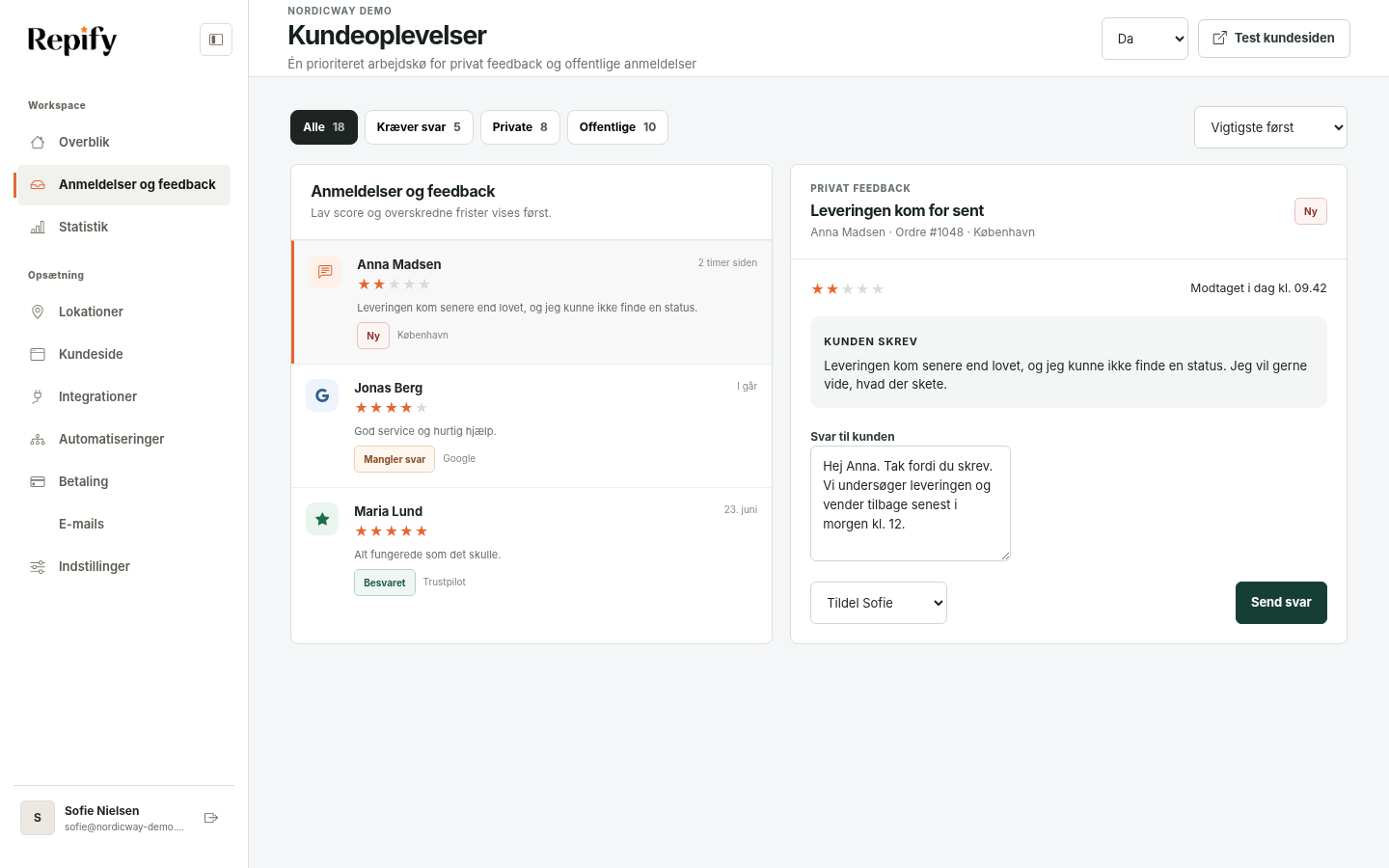 Repifys indbakke til kundesager