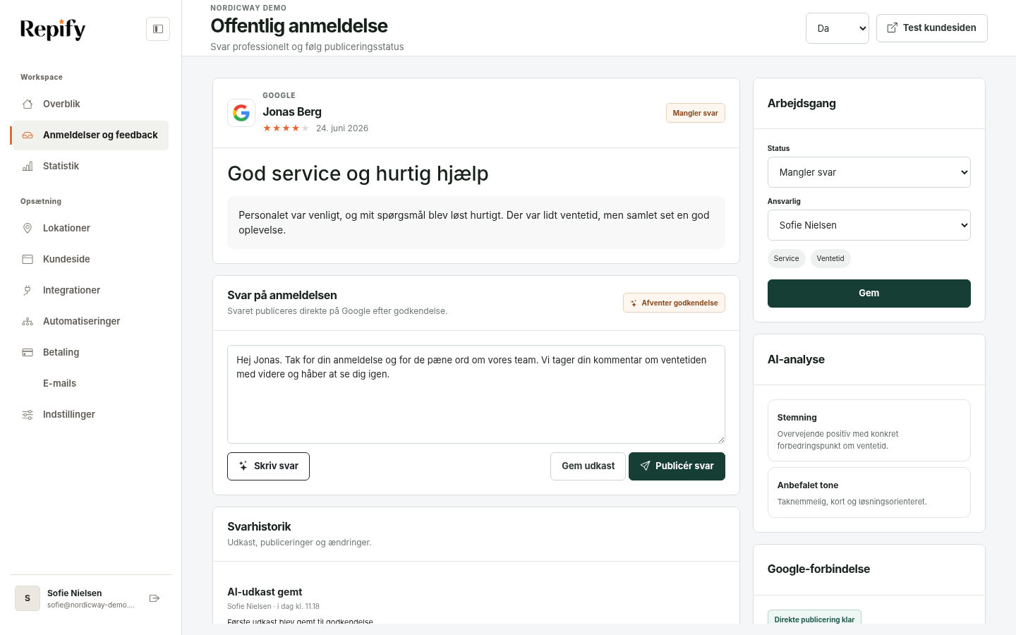 Visning af en offentlig anmeldelse og svararbejde