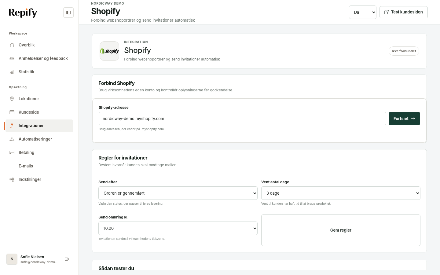 Shopify-opsætningen i Repify med butik, status og invitationsregler