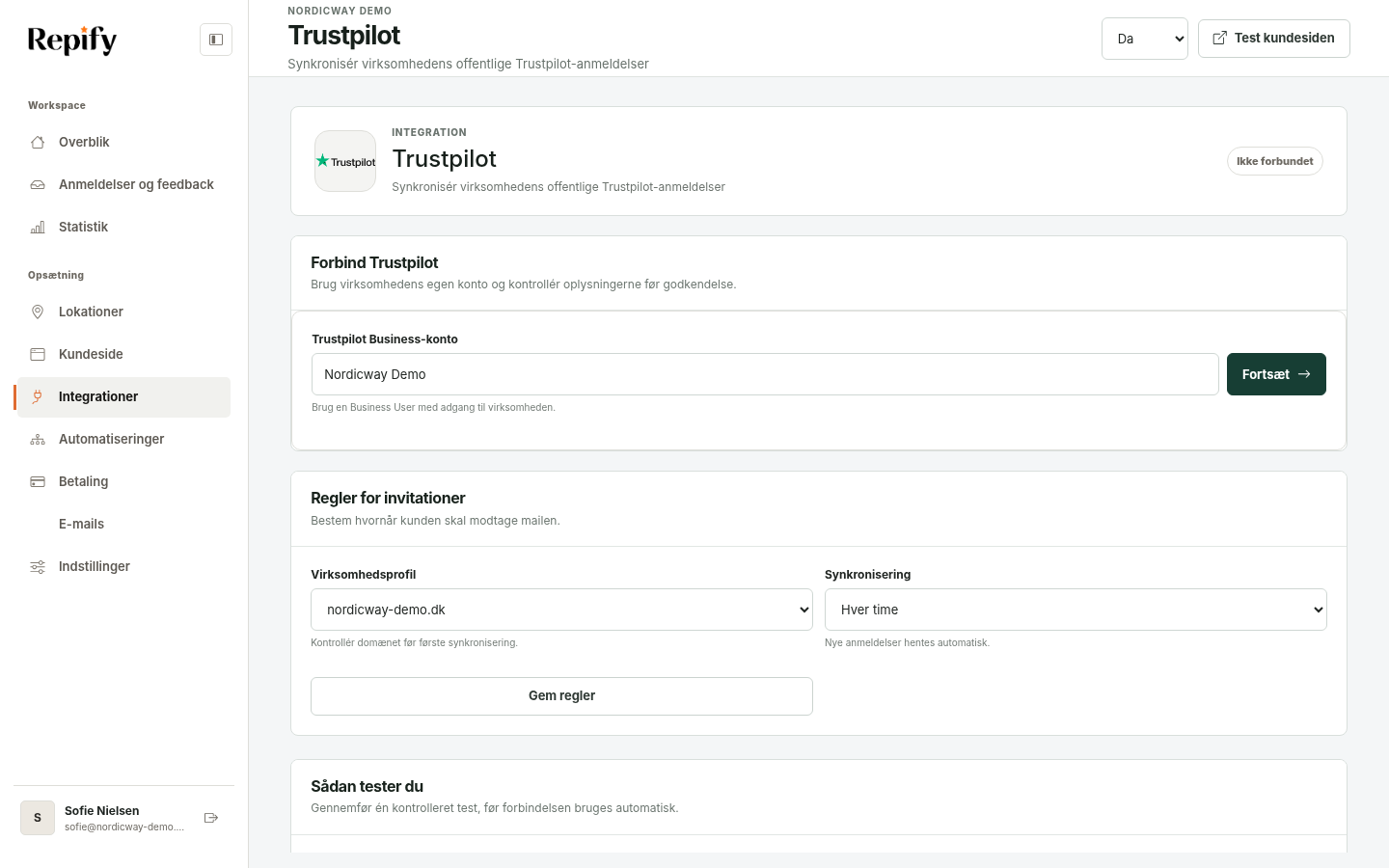 Trustpilot-opsætningen i Repify med Business Unit, Business User og synkronisering