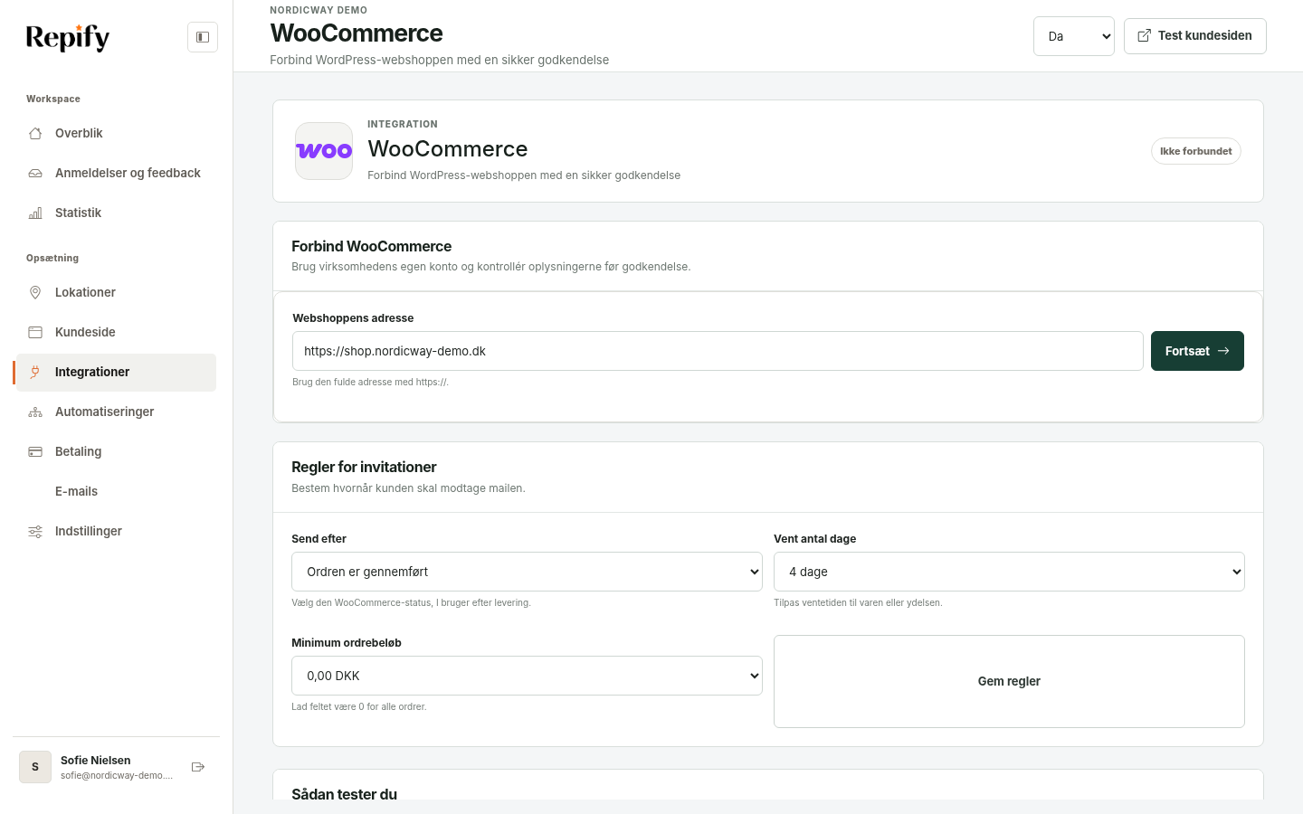 WooCommerce-opsætningen i Repify med butik og invitationsregler